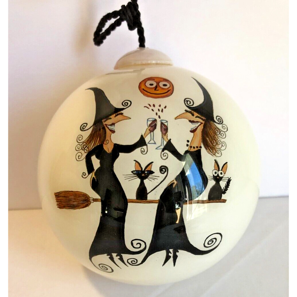 Hand-Painted Halloween Witch Ornament - Cream with Black